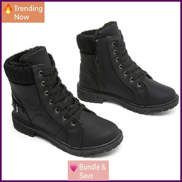 Women's Leather Lace Up Combat Boots Fur Lined Waterproof Winter Snow Boots